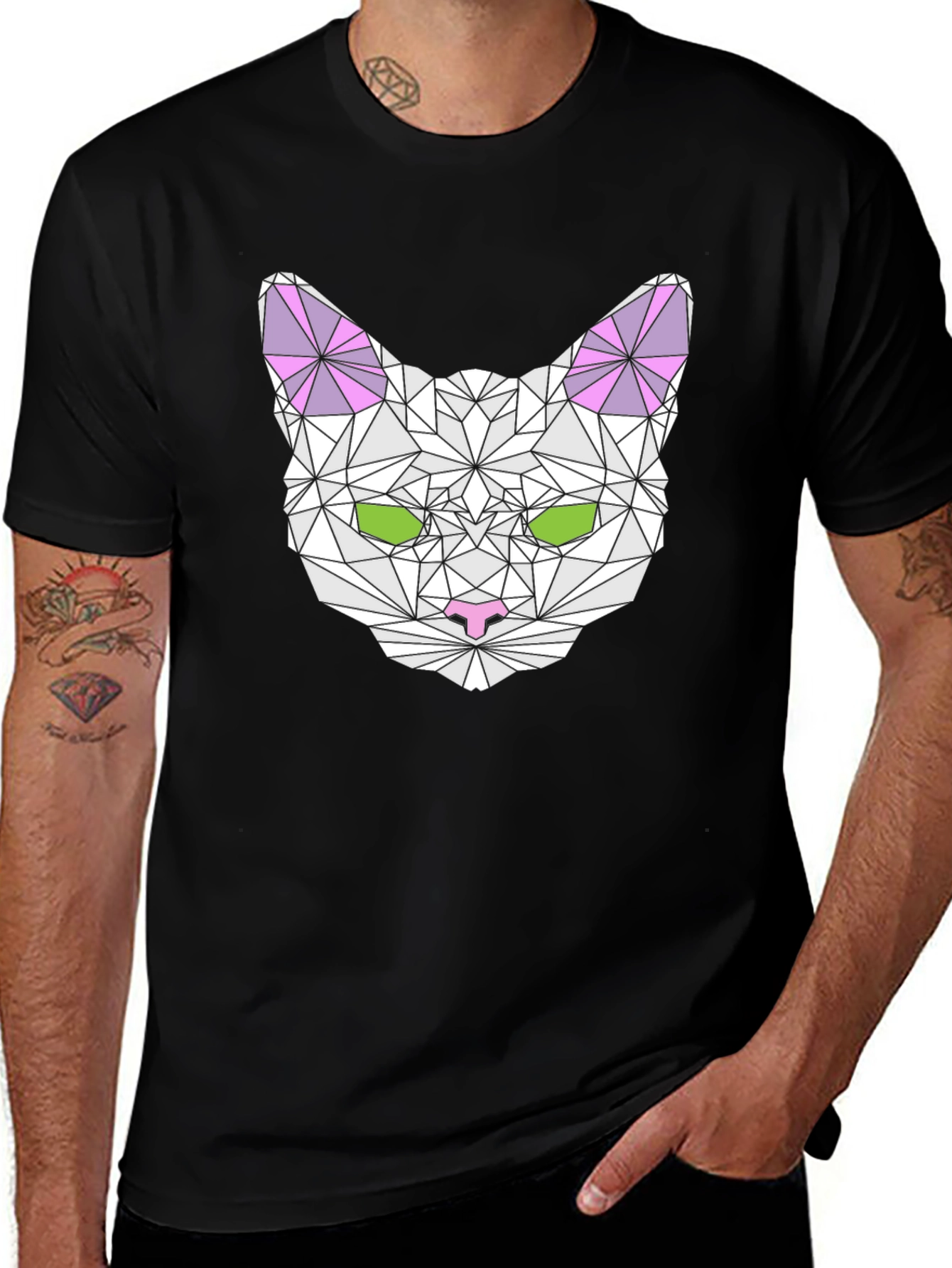 Geometric Cat Head Graphic T-Shirt - Black