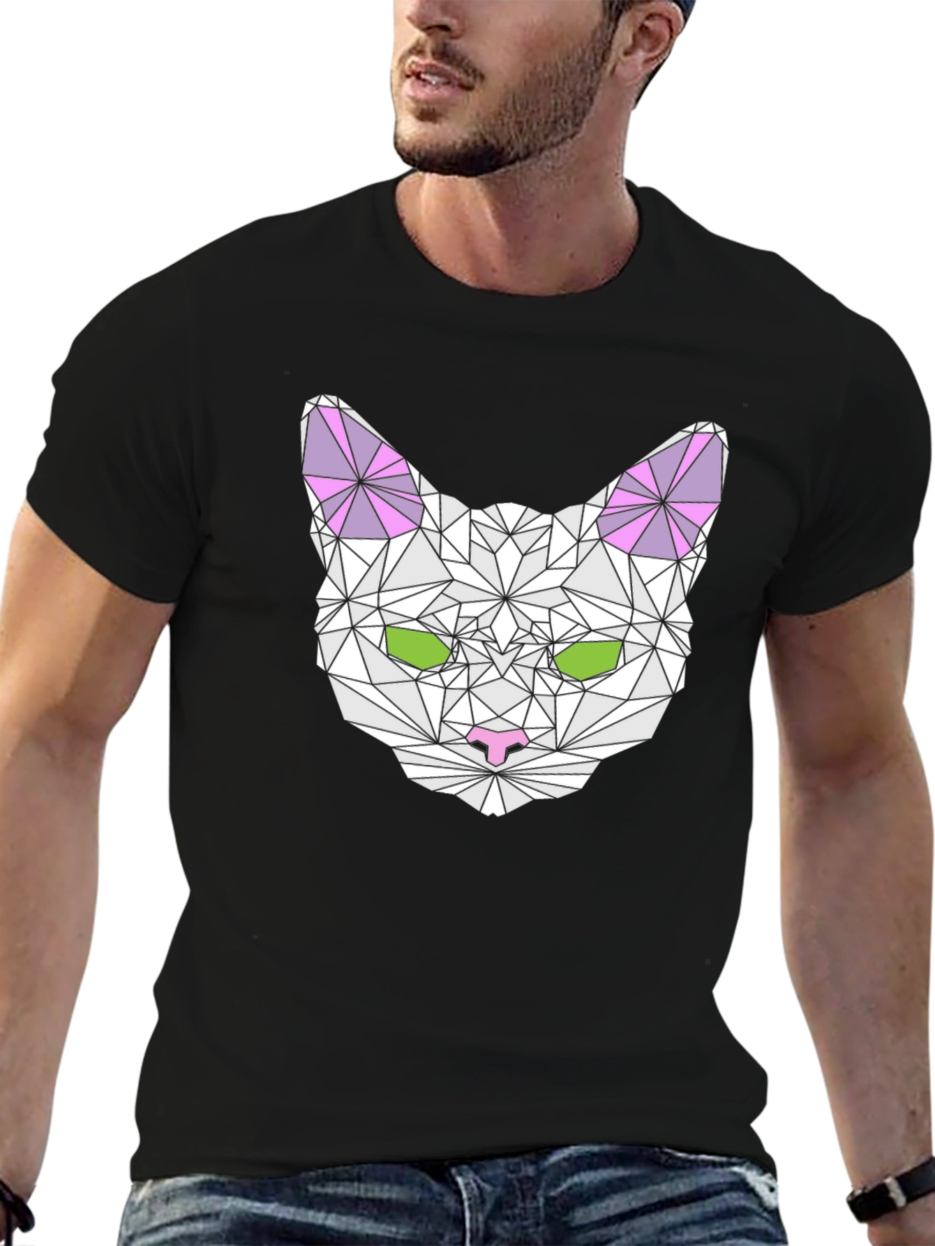 Geometric Cat Head Graphic T-Shirt - Black