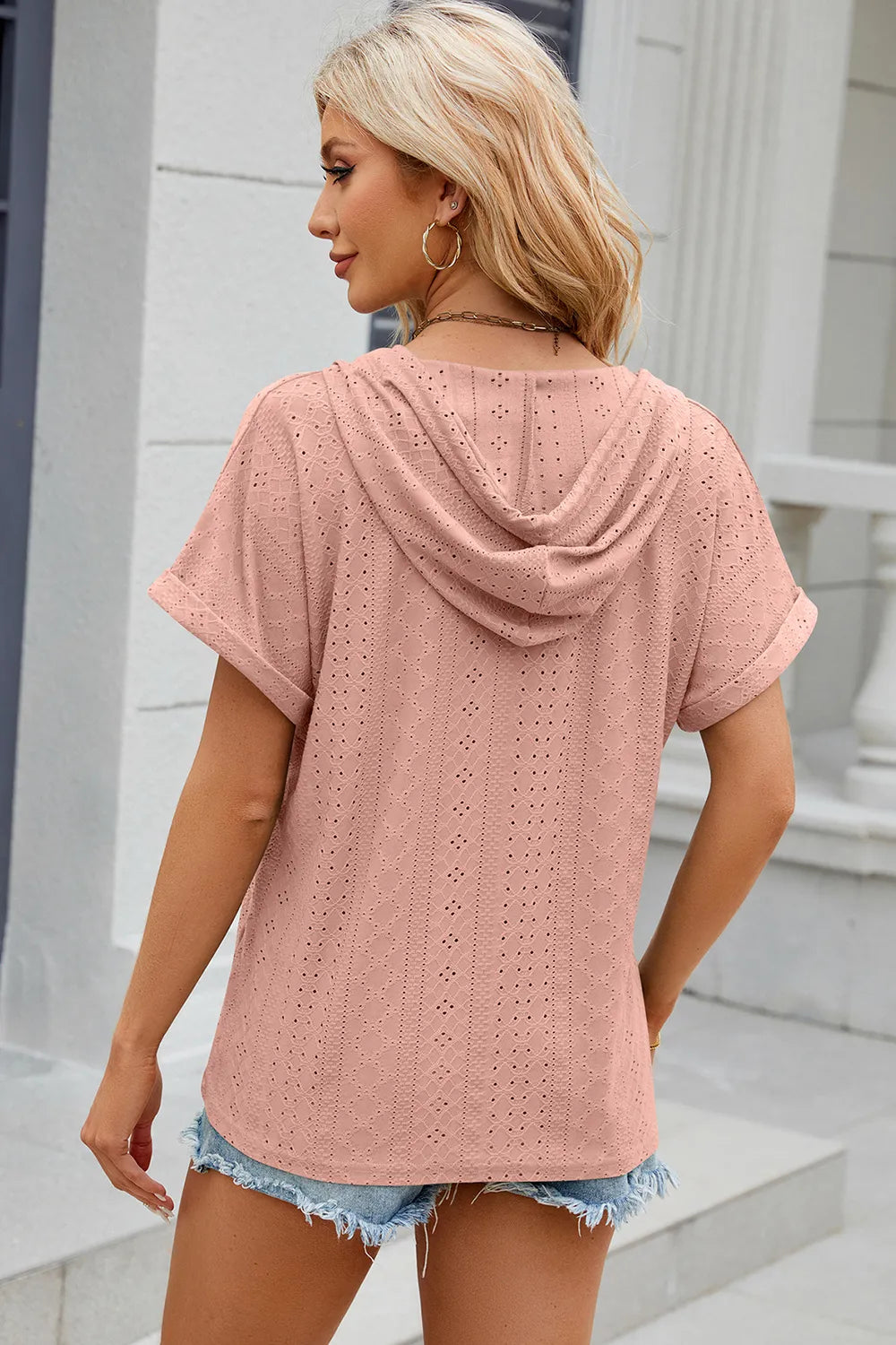 Solid color button hooded loose short sleeved T-shirt top for women