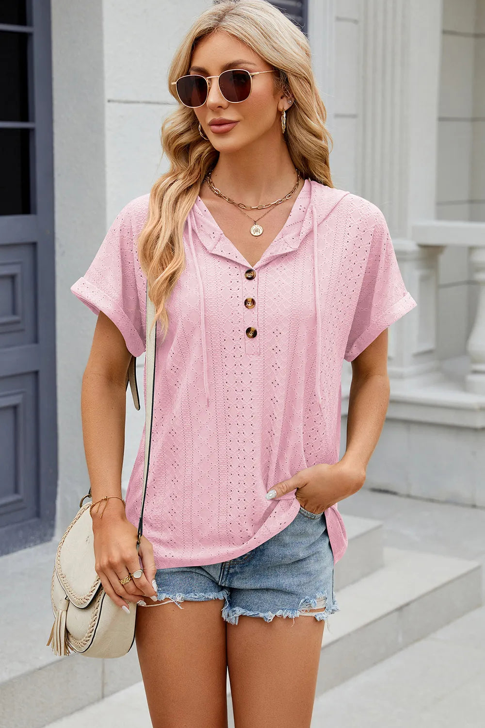 Solid color button hooded loose short sleeved T-shirt top for women
