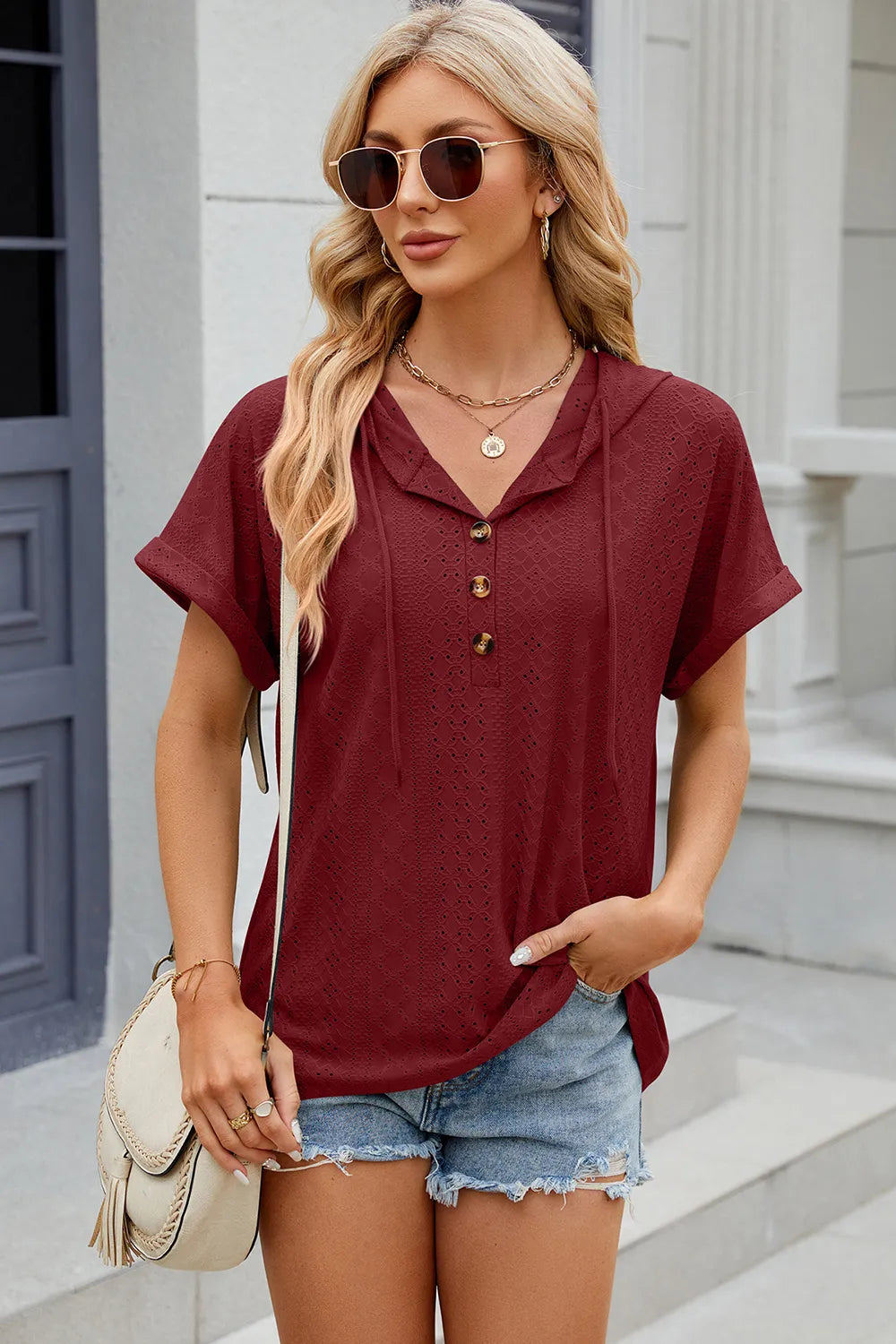 Solid color button hooded loose short sleeved T-shirt top for women