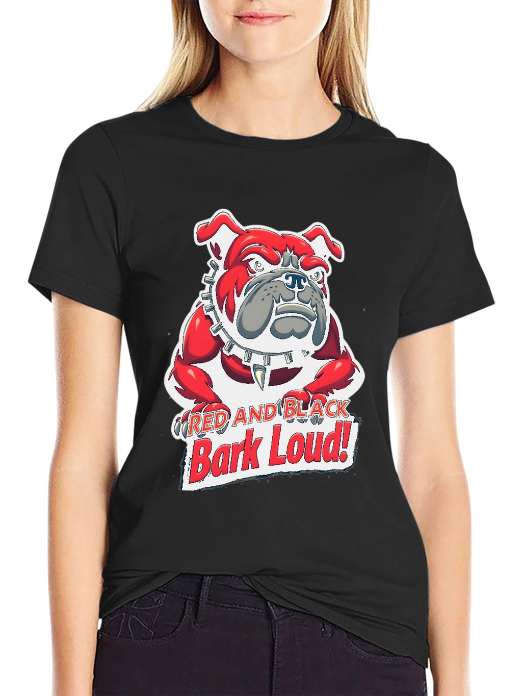 Red and Black Bark Loud! Bulldog Graphic T-Shirt