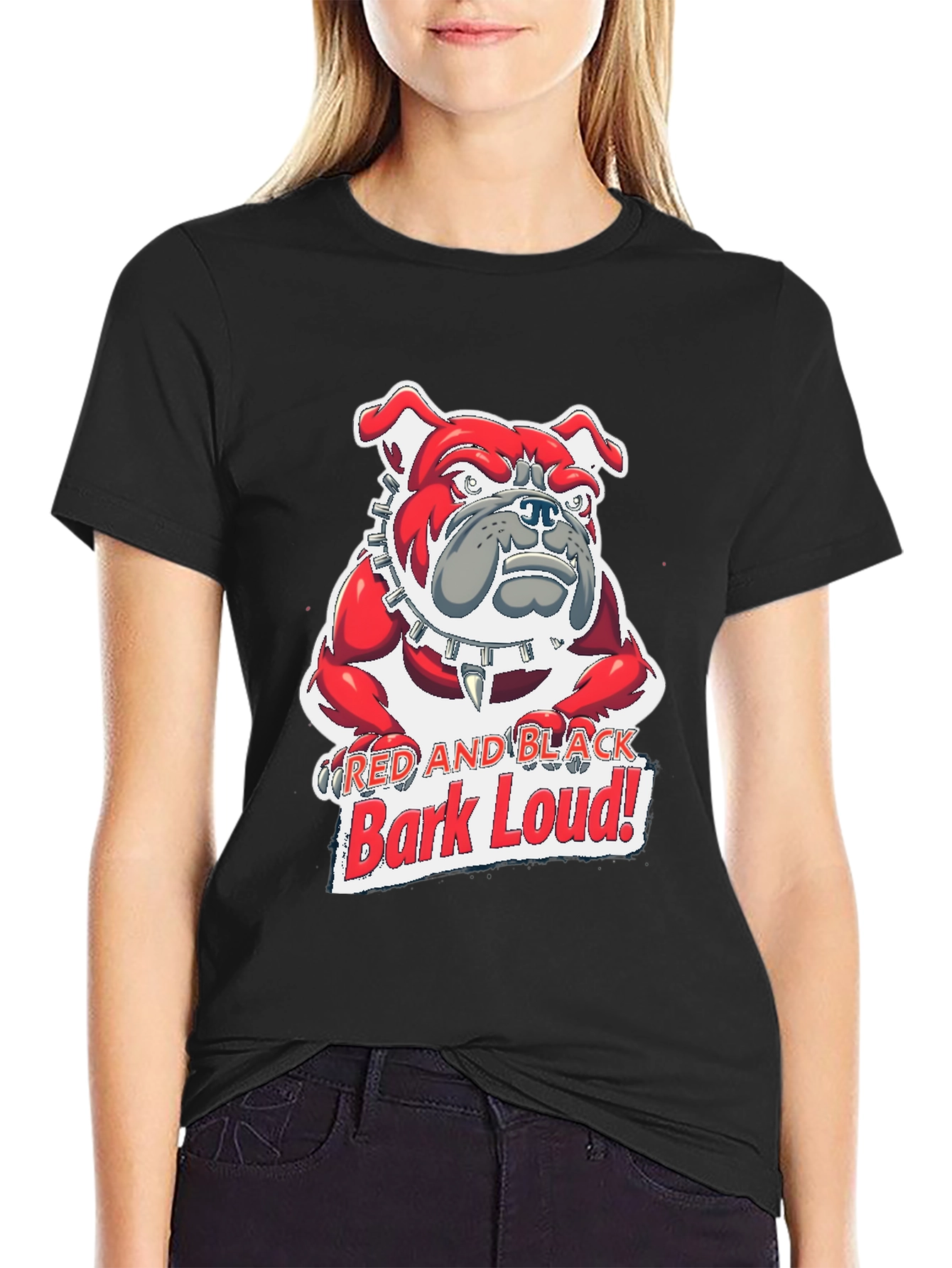 Red and Black Bark Loud! Bulldog Graphic T-Shirt