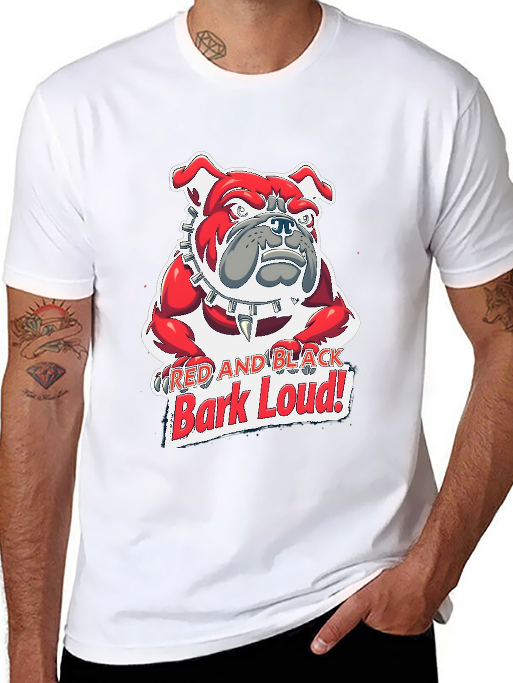 Red and Black Bark Loud! Bulldog Graphic T-Shirt
