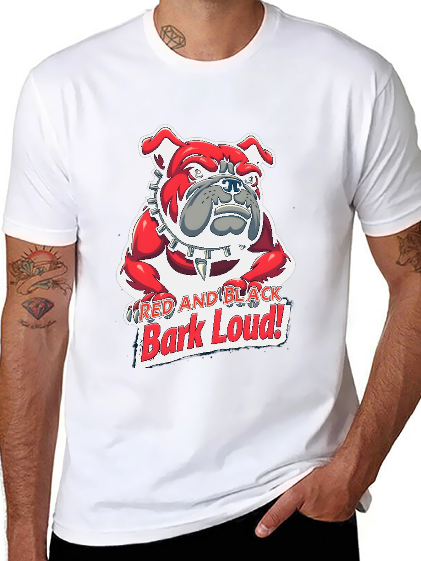 Red and Black Bark Loud! Bulldog Graphic T-Shirt