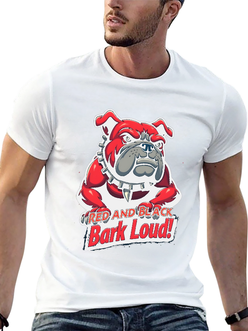 Red and Black Bark Loud! Bulldog Graphic T-Shirt
