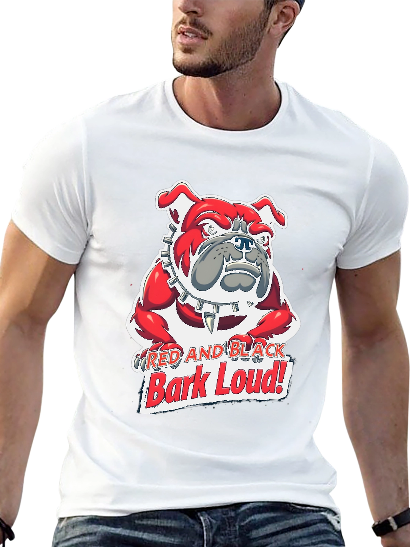 Red and Black Bark Loud! Bulldog Graphic T-Shirt