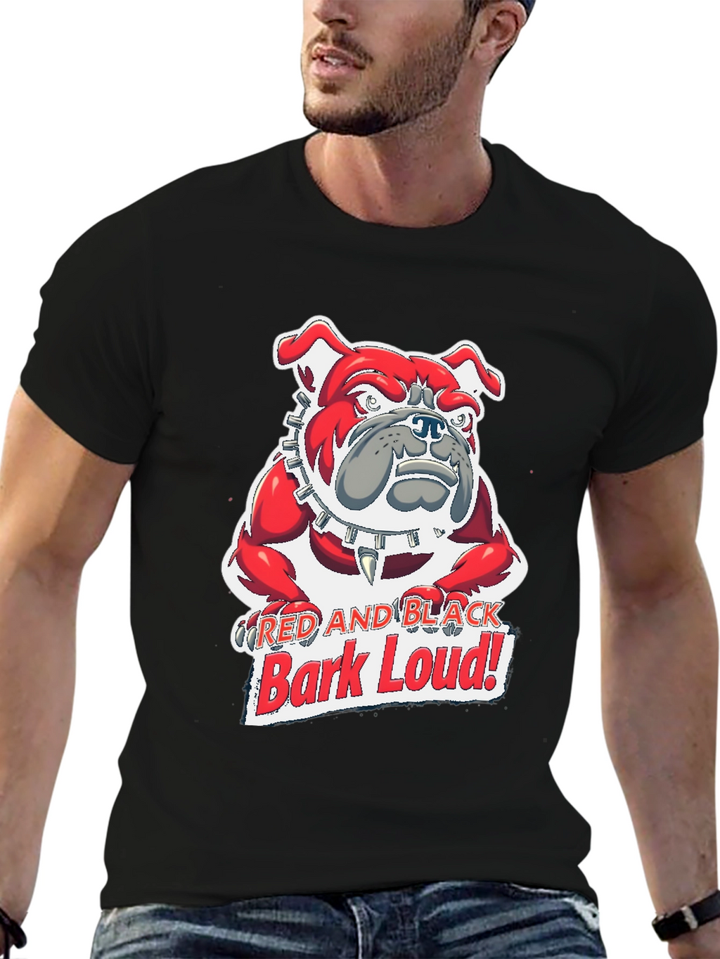 Red and Black Bark Loud! Bulldog Graphic T-Shirt