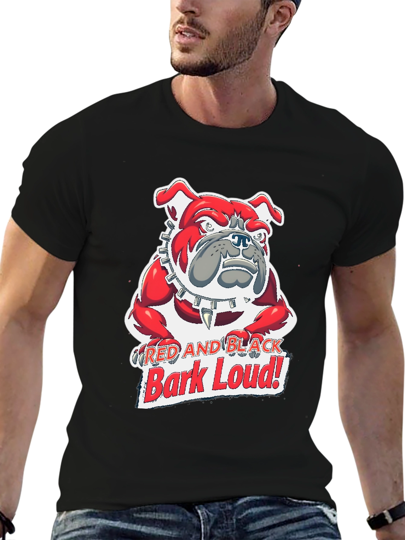Red and Black Bark Loud! Bulldog Graphic T-Shirt