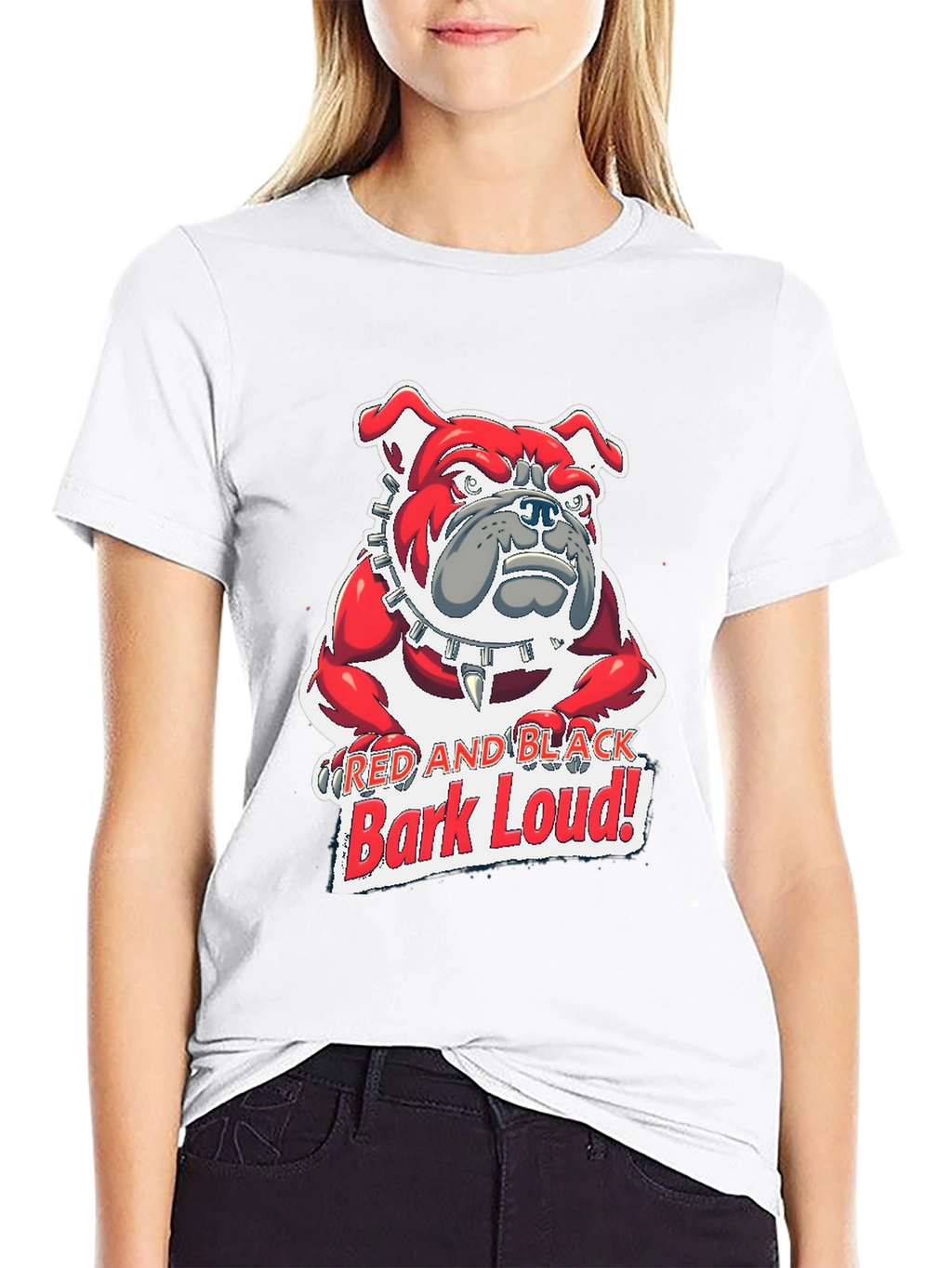 Red and Black Bark Loud! Bulldog Graphic T-Shirt