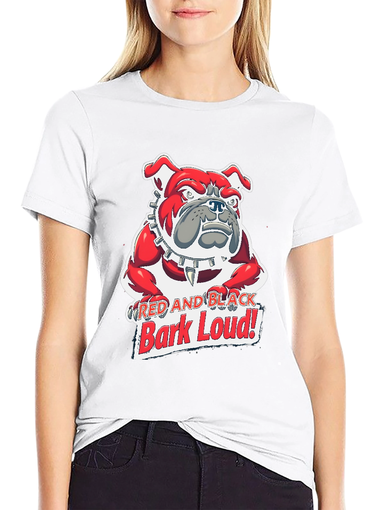 Red and Black Bark Loud! Bulldog Graphic T-Shirt