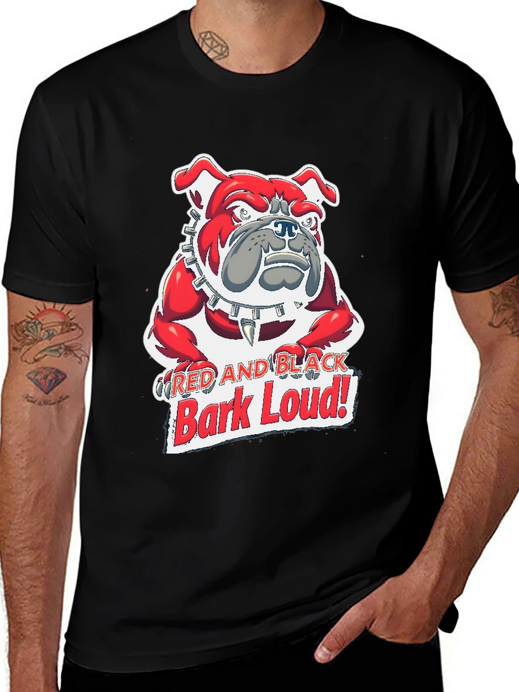 Red and Black Bark Loud! Bulldog Graphic T-Shirt