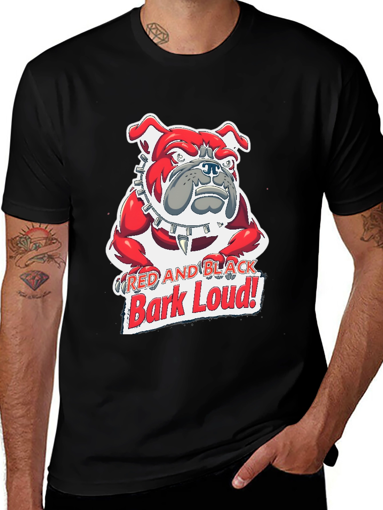 Red and Black Bark Loud! Bulldog Graphic T-Shirt