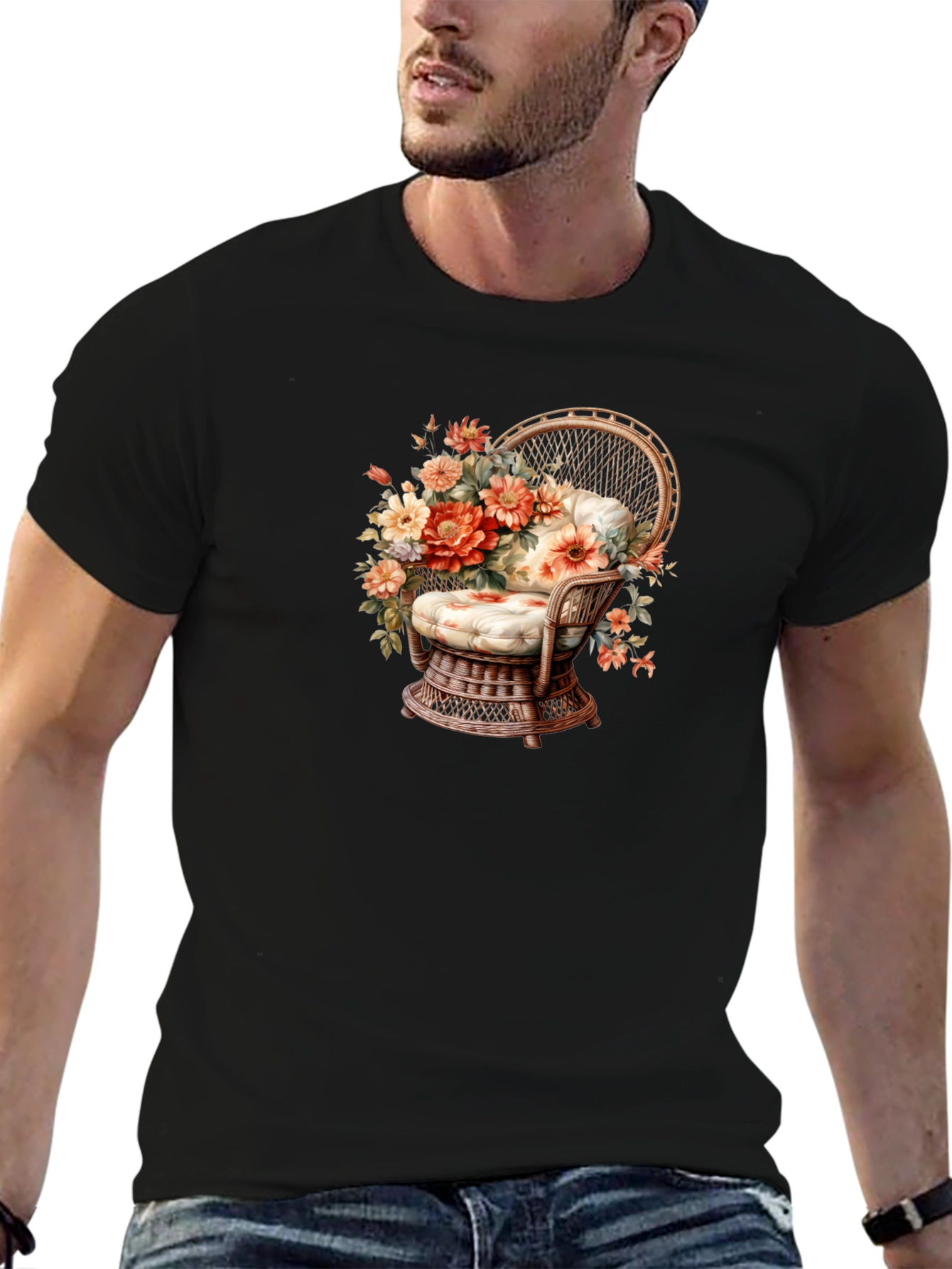 Floral Chair Graphic Tee - Black Cotton T-Shirt