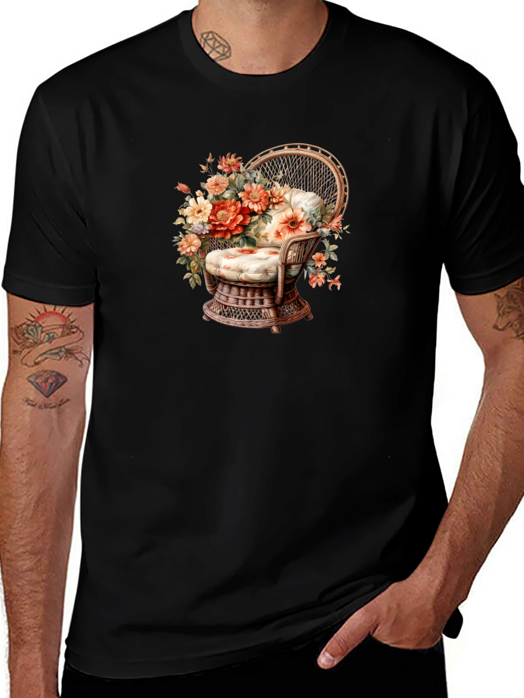 Floral Chair Graphic Tee - Black Cotton T-Shirt
