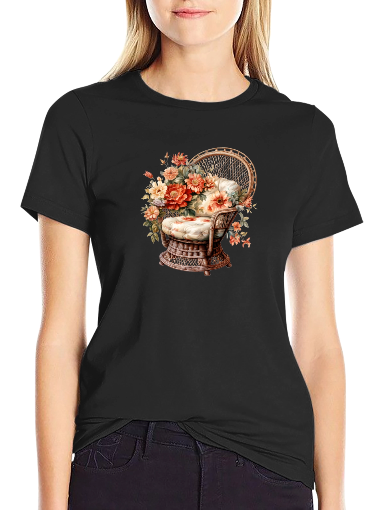 Floral Chair Graphic Tee - Black Cotton T-Shirt