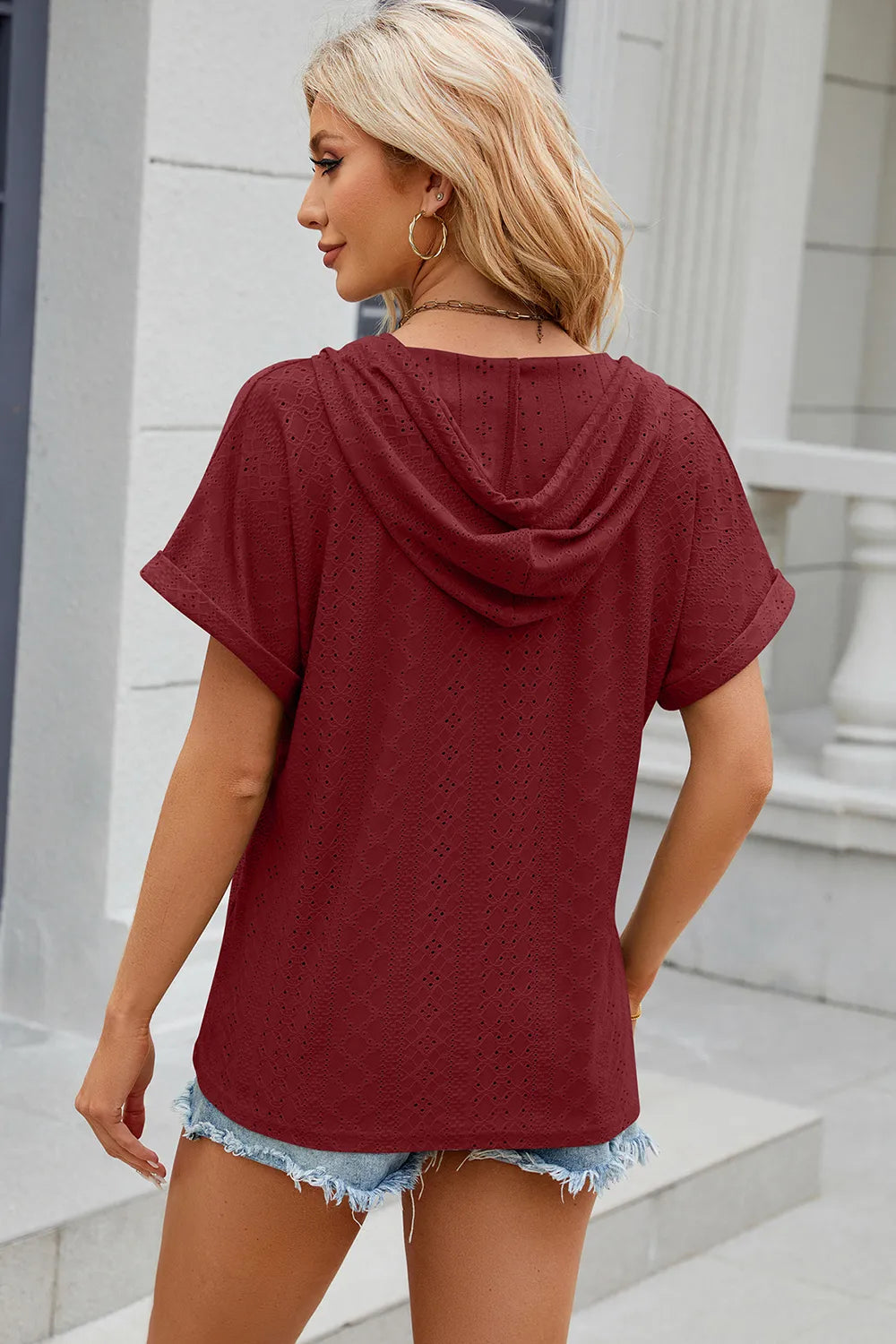 Solid color button hooded loose short sleeved T-shirt top for women