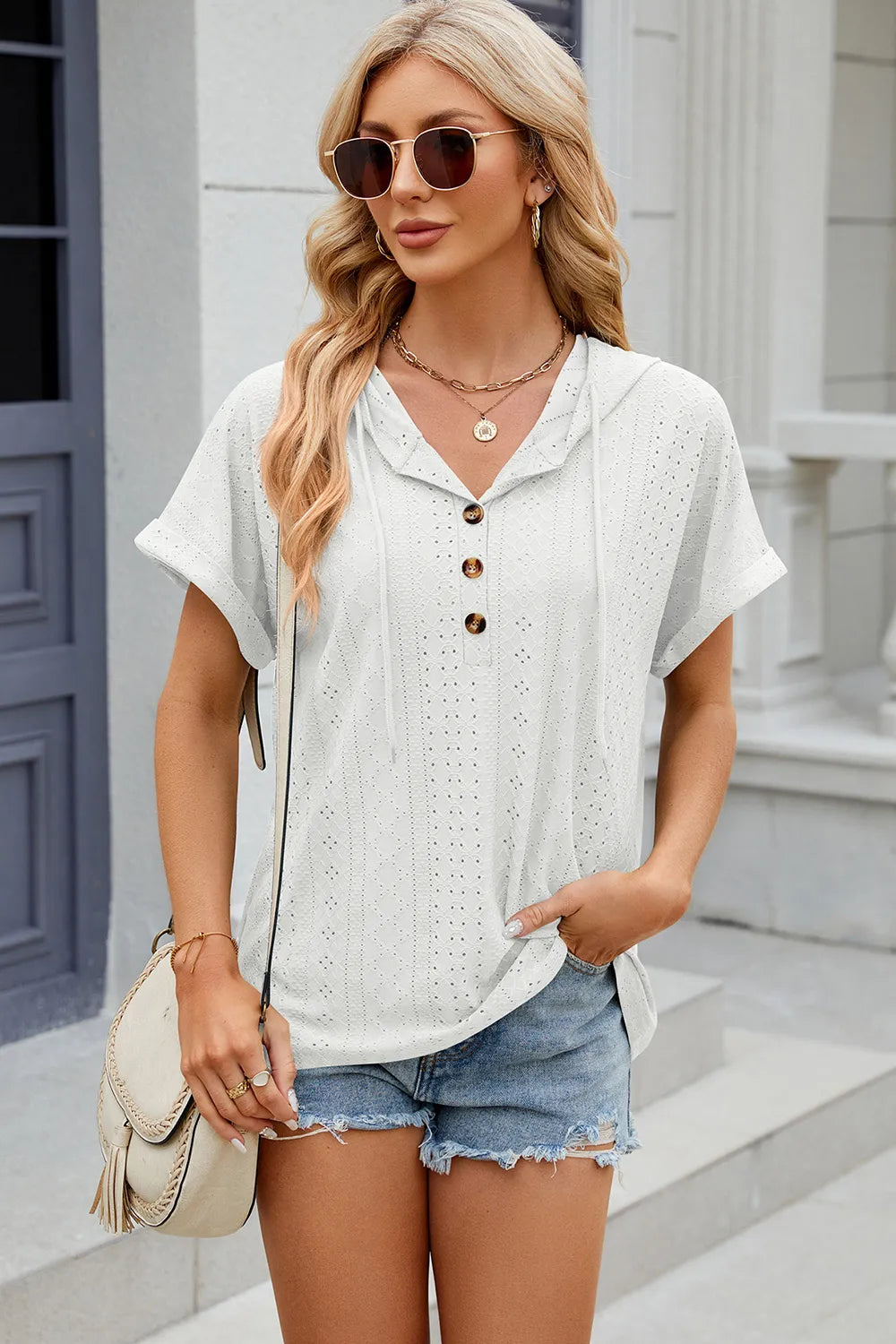 Solid color button hooded loose short sleeved T-shirt top for women