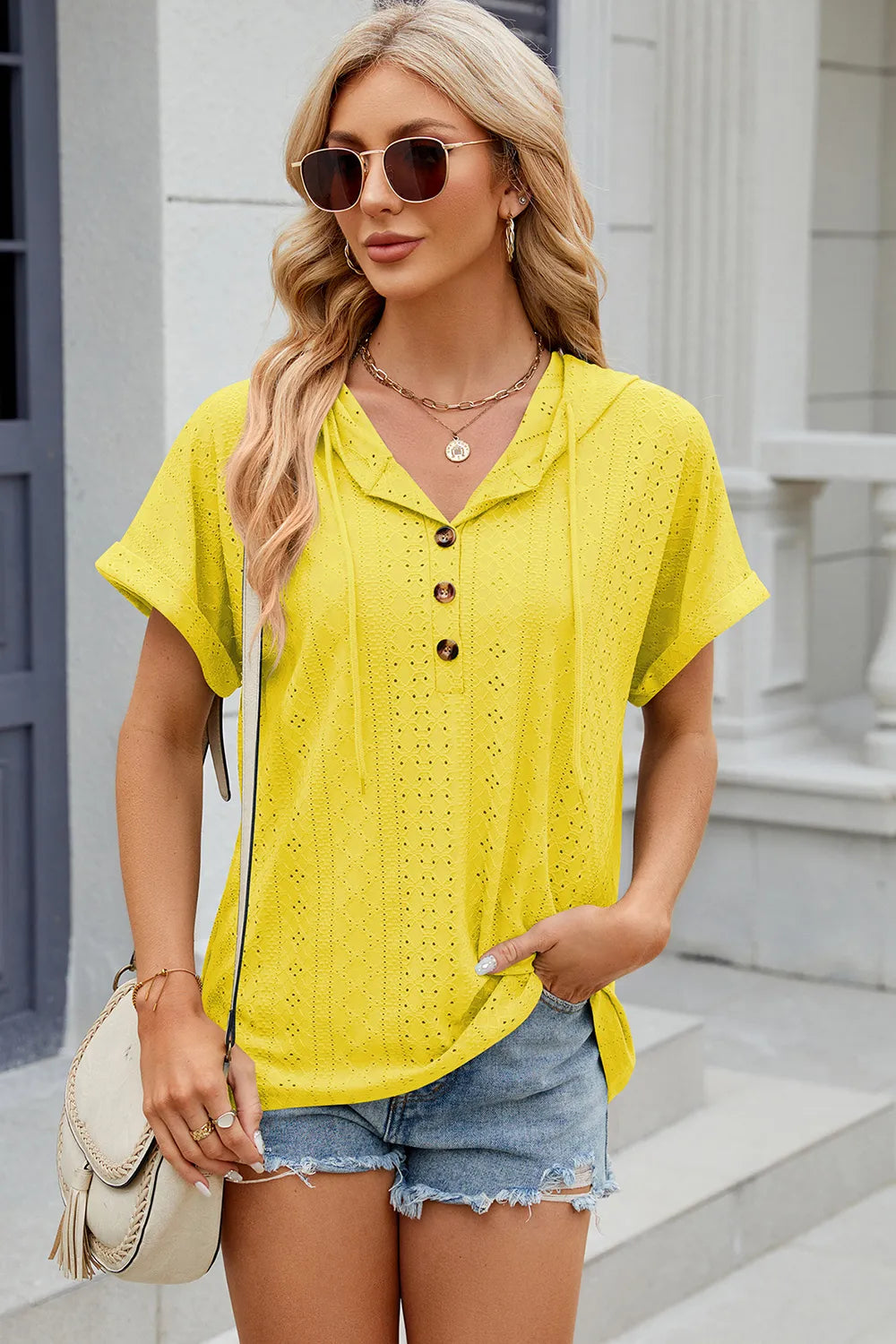 Solid color button hooded loose short sleeved T-shirt top for women