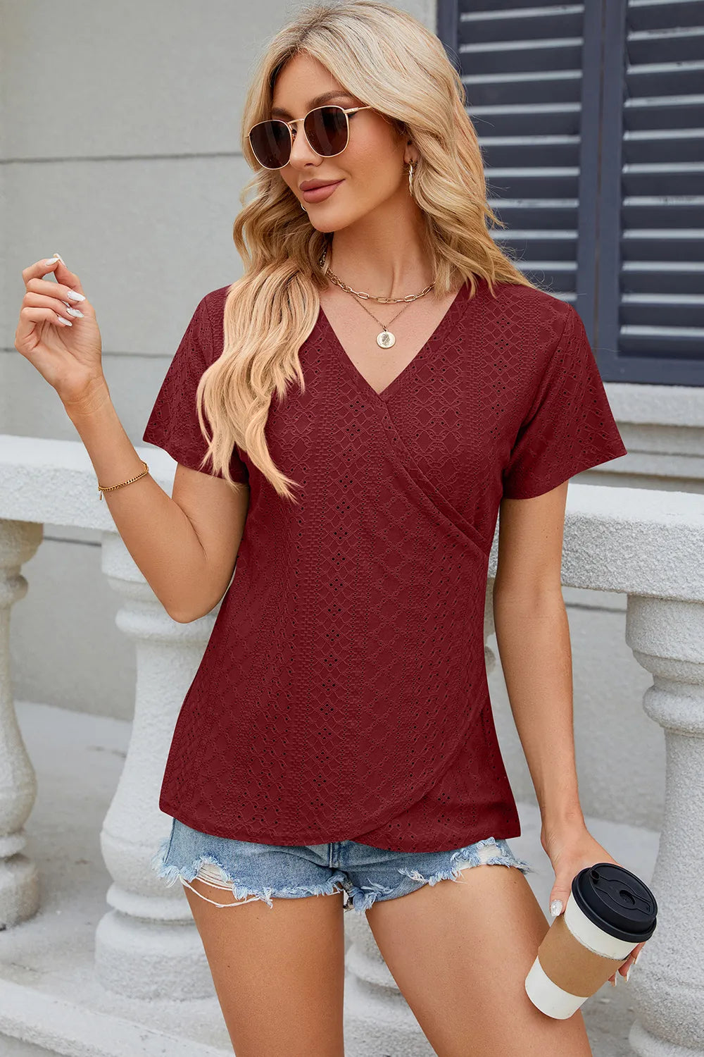 Solid color V-neck cross loose short sleeved T-shirt top for women