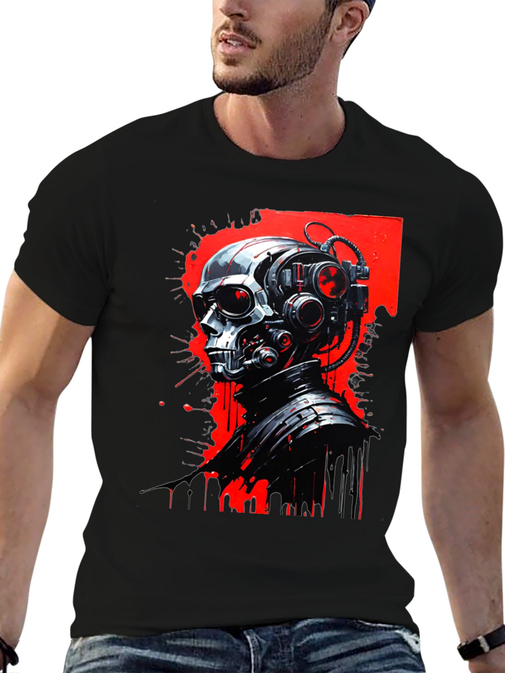 Cyberpunk Skull Graphic Tee - Mens Black T-Shirt