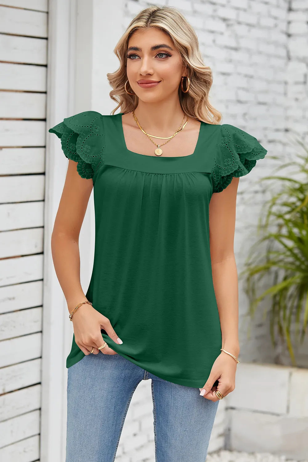 Solid color lace patchwork square collar petal short sleeved T-shirt top for women