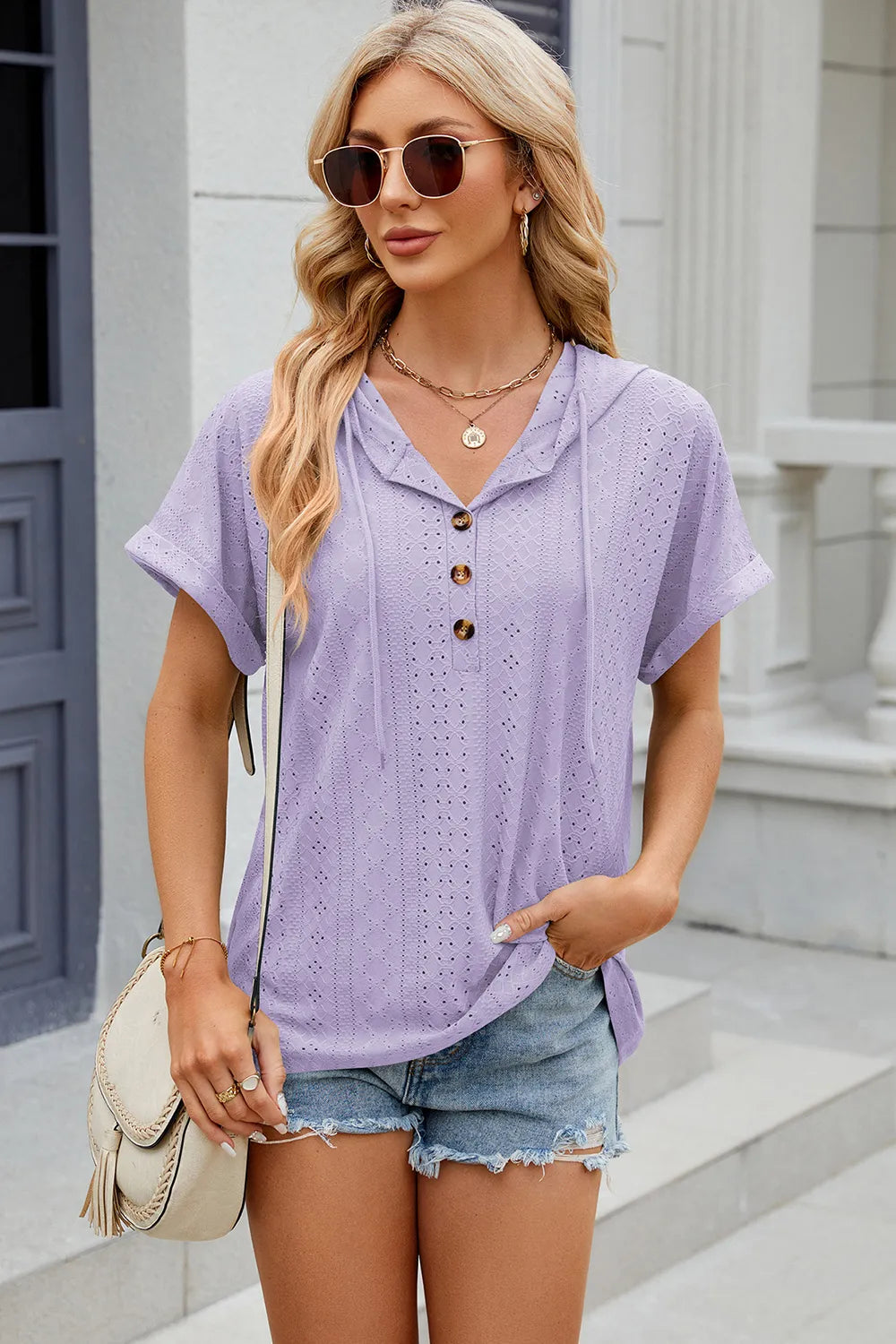 Solid color button hooded loose short sleeved T-shirt top for women