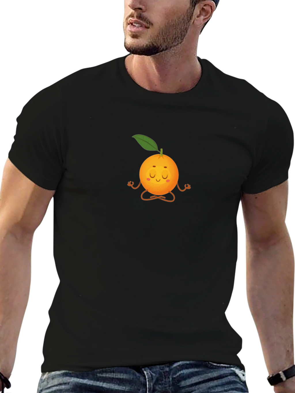 Zen Orange Black T-Shirt: Meditating Fruit Graphic Tee