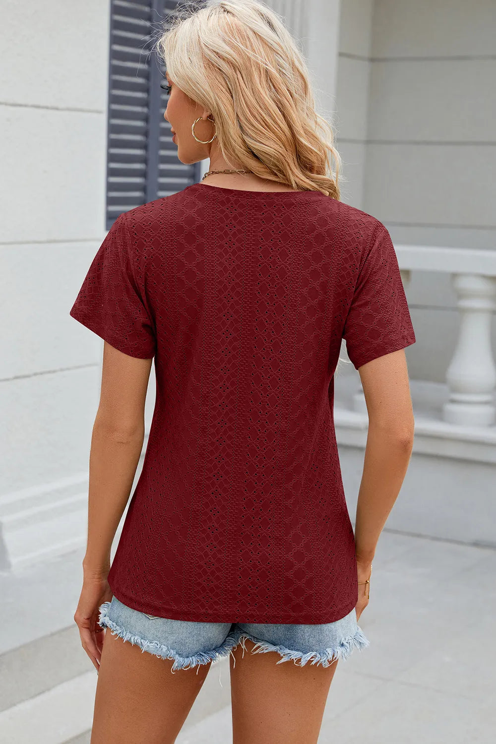 Solid color V-neck cross loose short sleeved T-shirt top for women