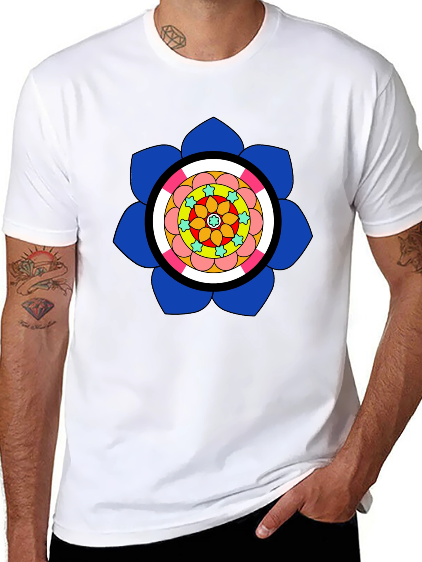 Black T-Shirt with Colorful Floral Mandala Design