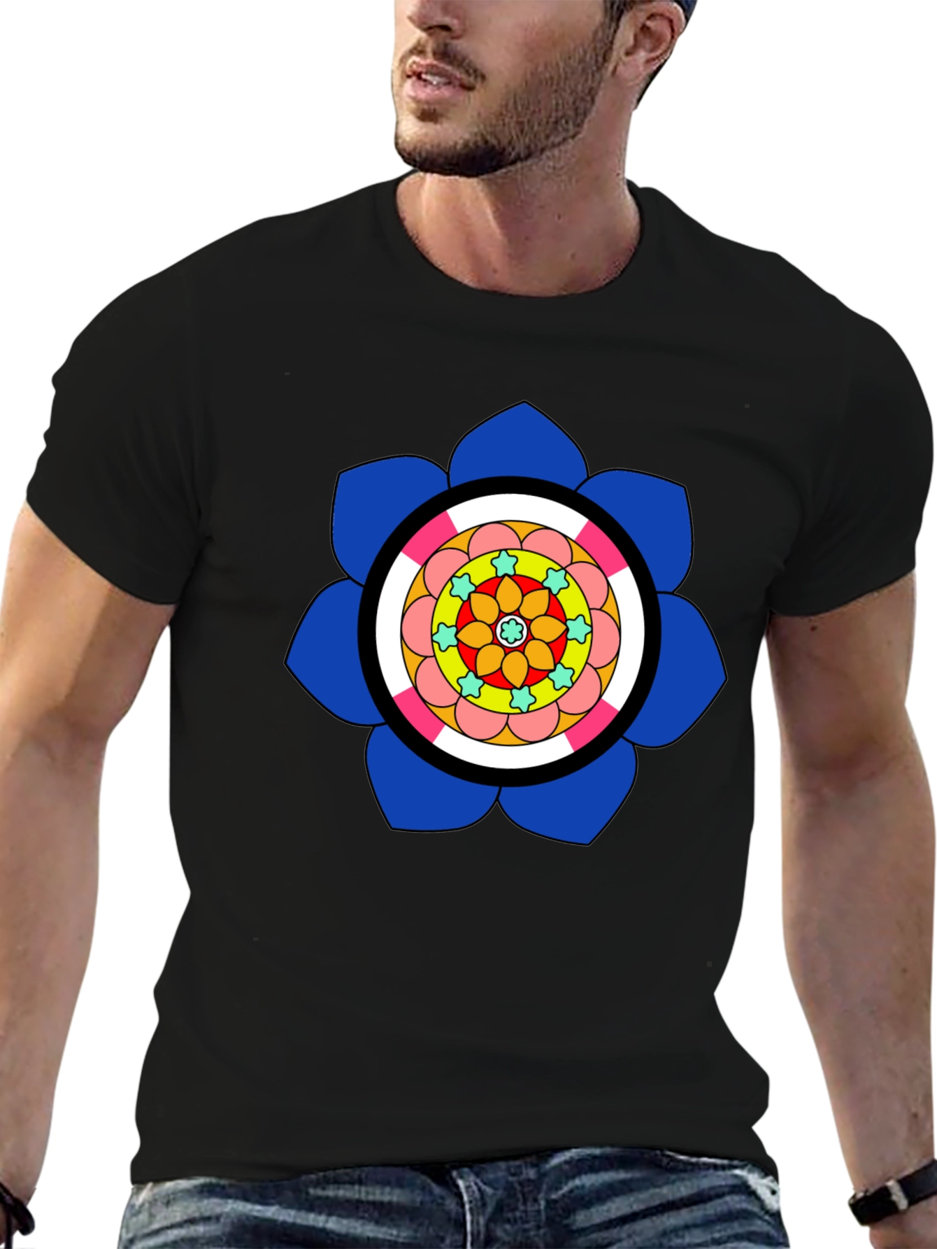 Black T-Shirt with Colorful Floral Mandala Design