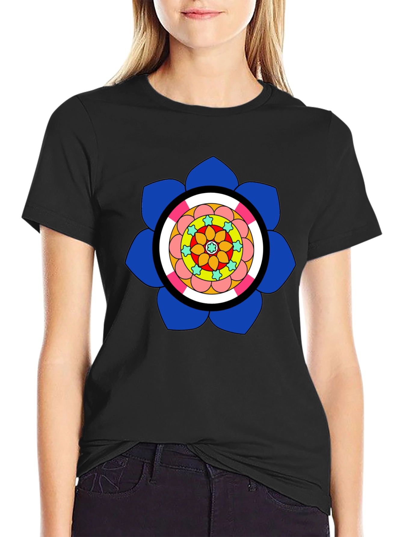 Black T-Shirt with Colorful Floral Mandala Design