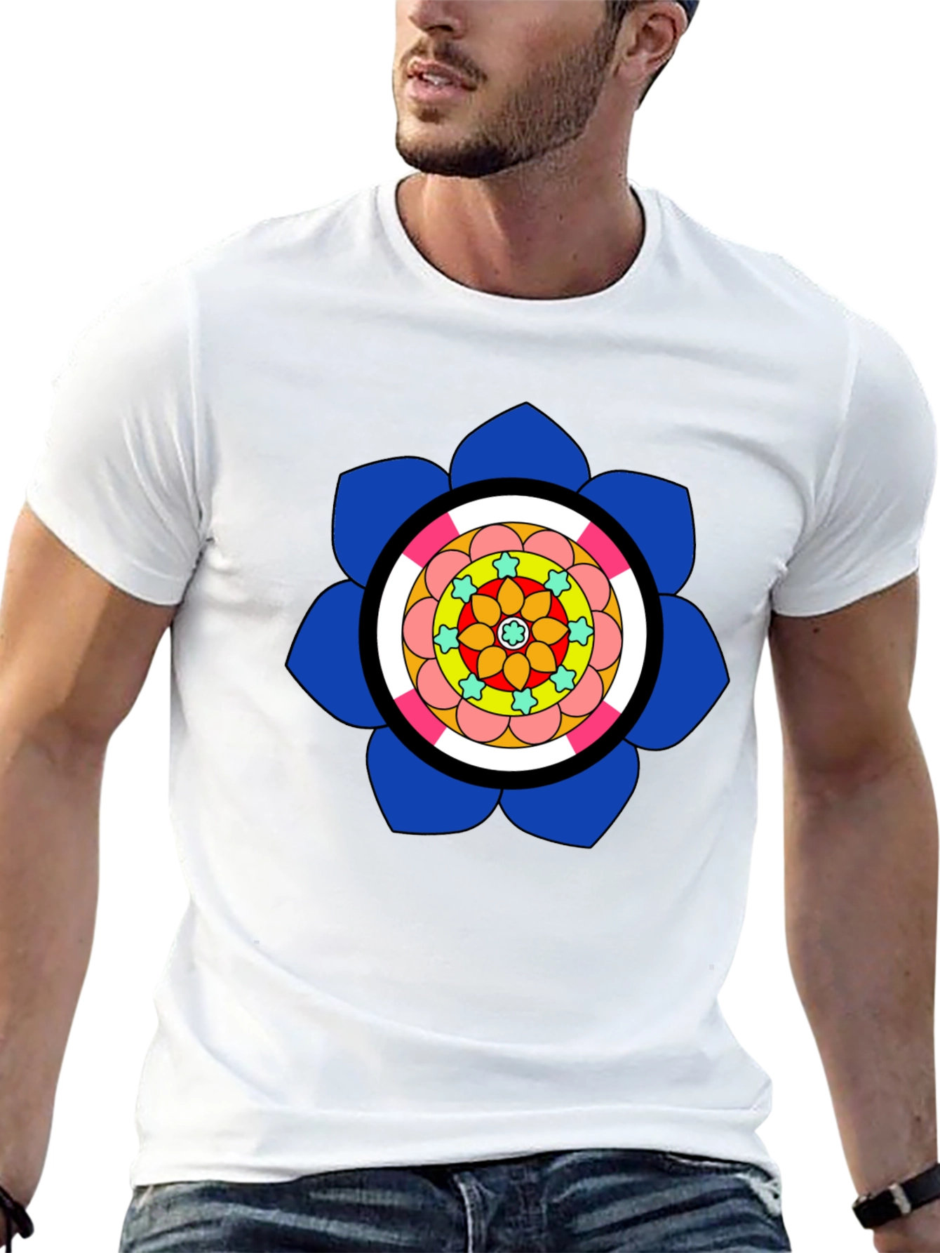 Black T-Shirt with Colorful Floral Mandala Design
