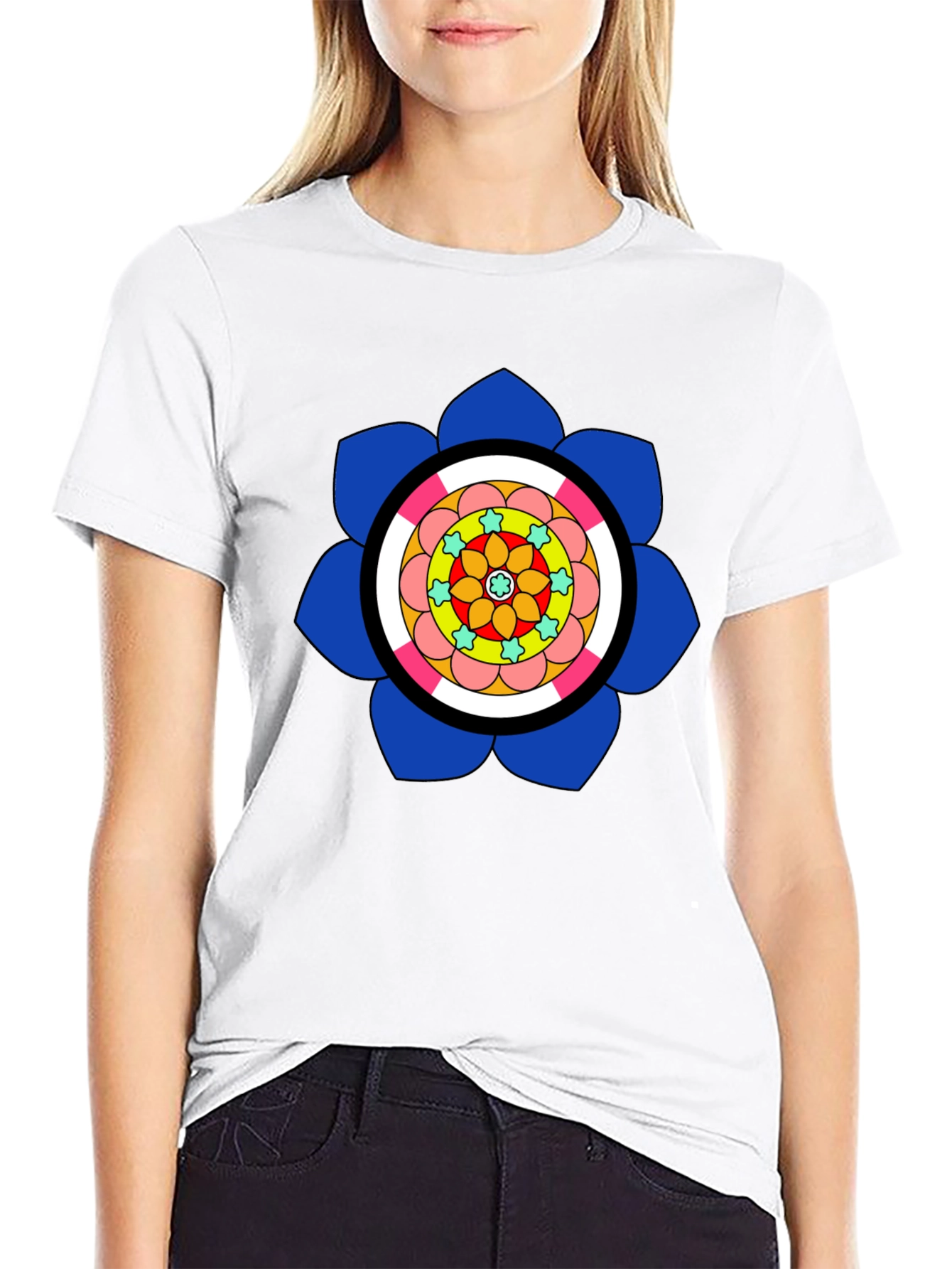 Black T-Shirt with Colorful Floral Mandala Design