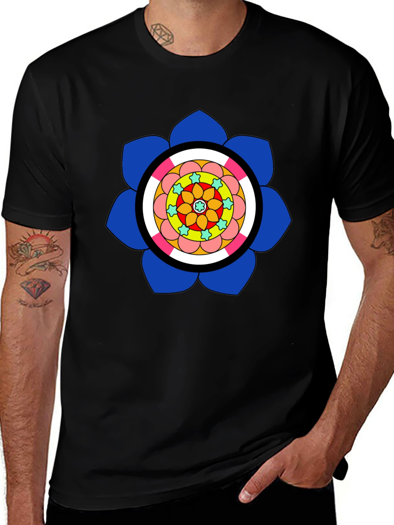 Black T-Shirt with Colorful Floral Mandala Design