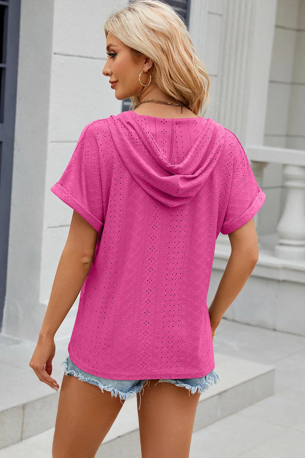 Solid color button hooded loose short sleeved T-shirt top for women