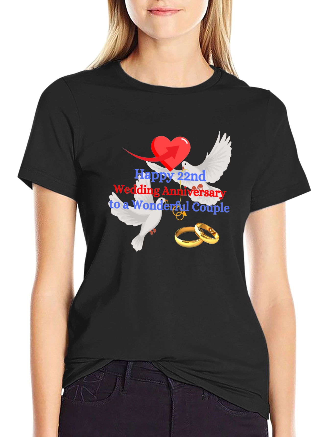 22nd Wedding Anniversary Dove & Rings Black Tee
