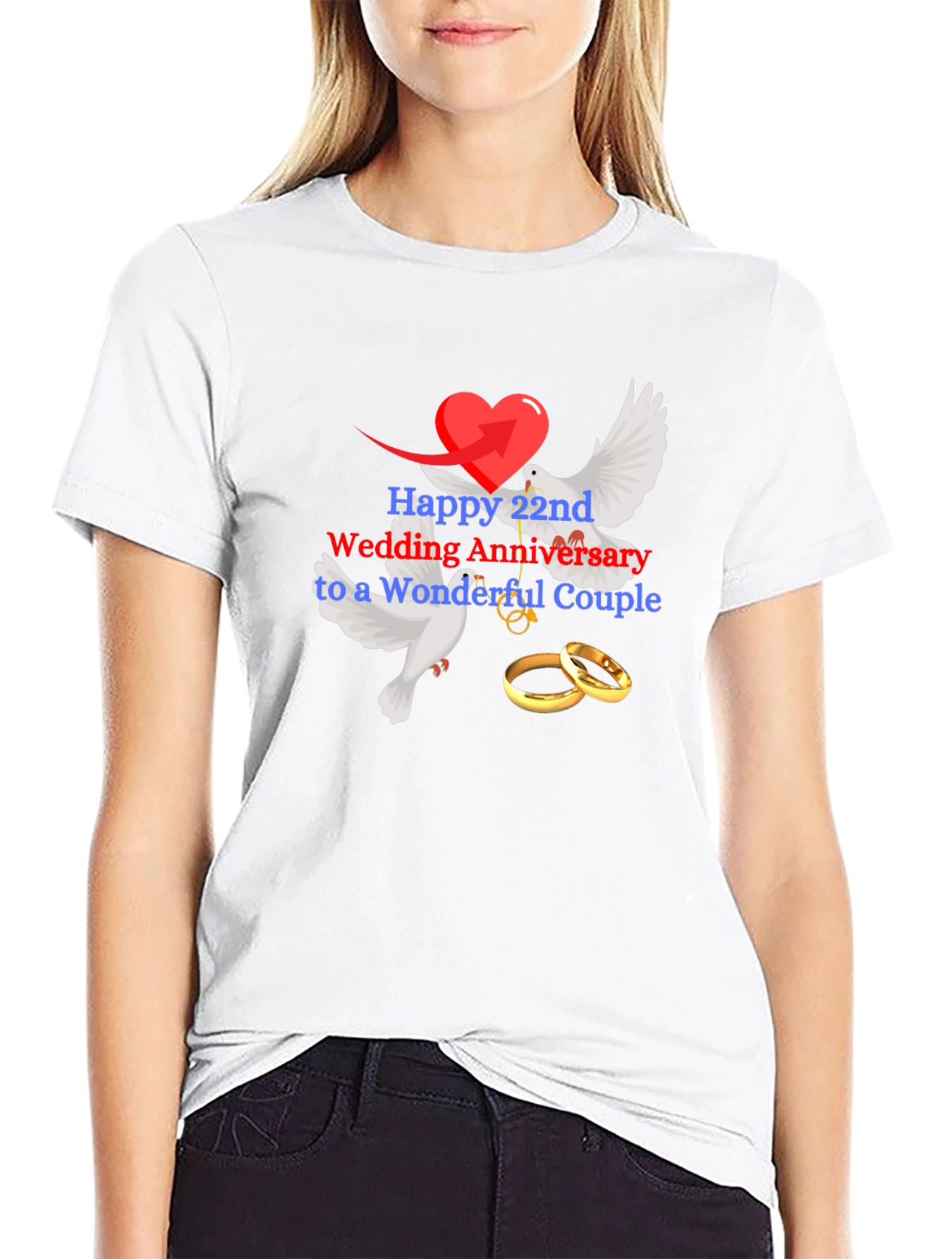 22nd Wedding Anniversary Dove & Rings Black Tee