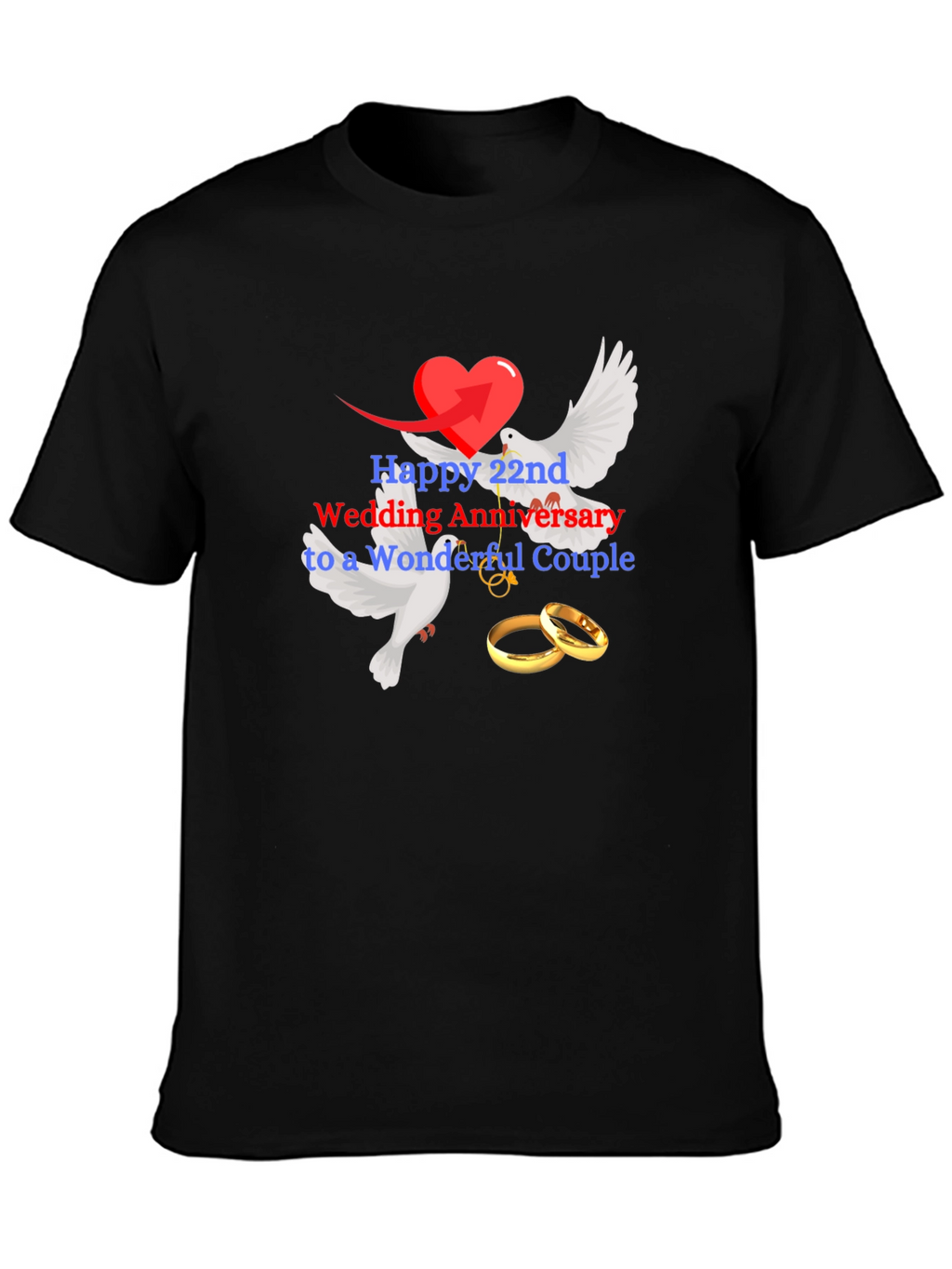22nd Wedding Anniversary Dove & Rings Black Tee