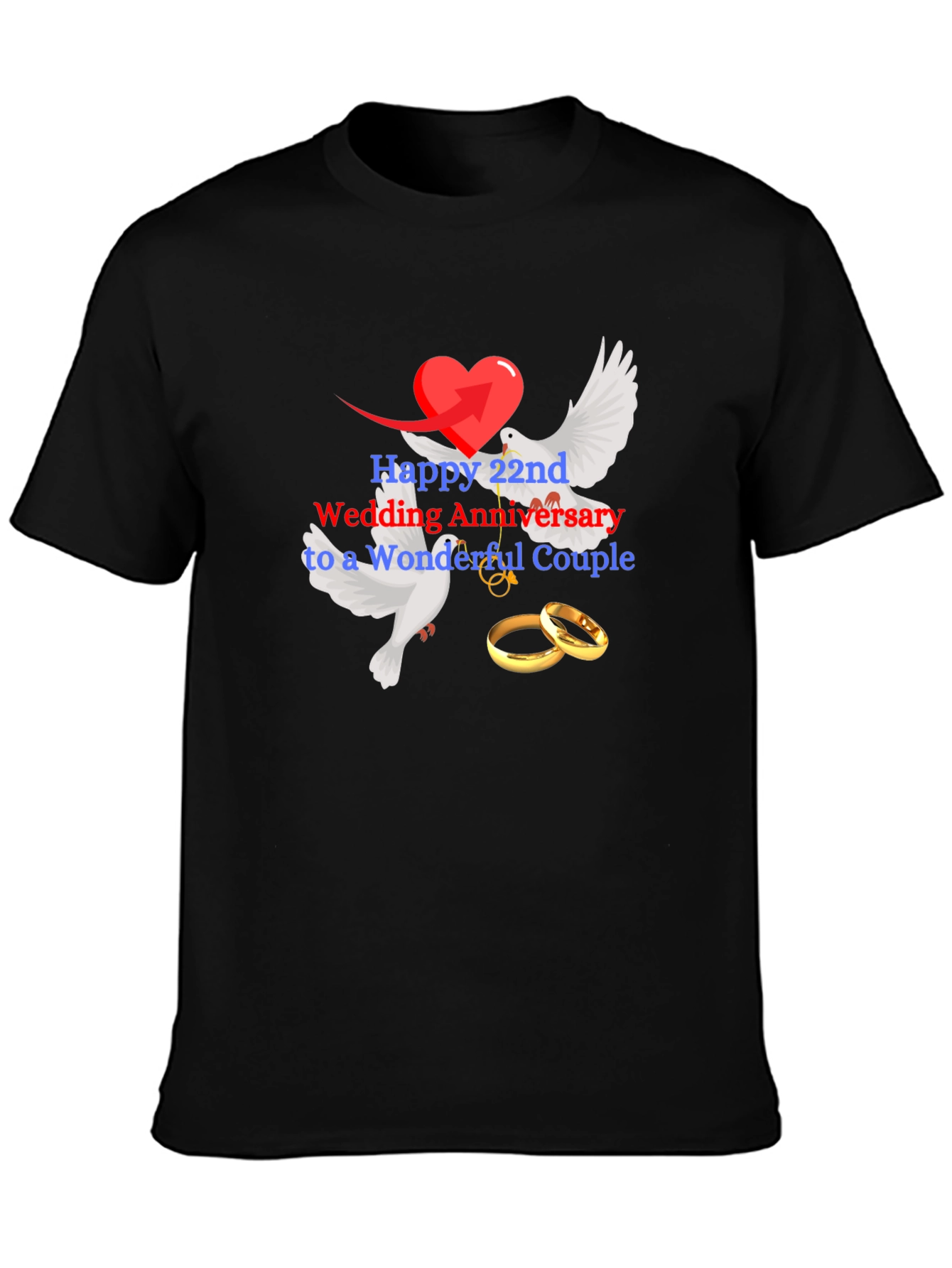 22nd Wedding Anniversary Dove & Rings Black Tee