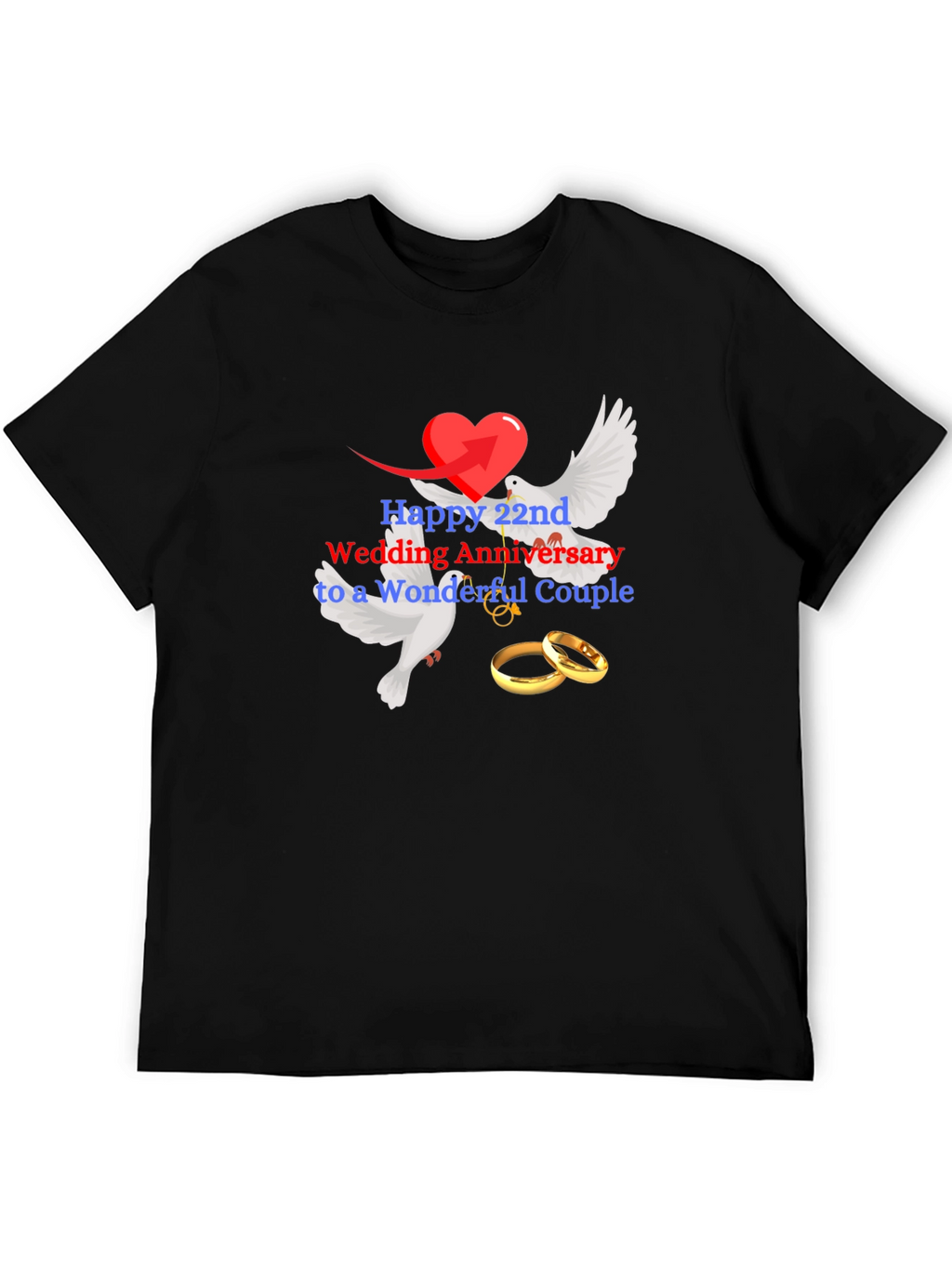 22nd Wedding Anniversary Dove & Rings Black Tee