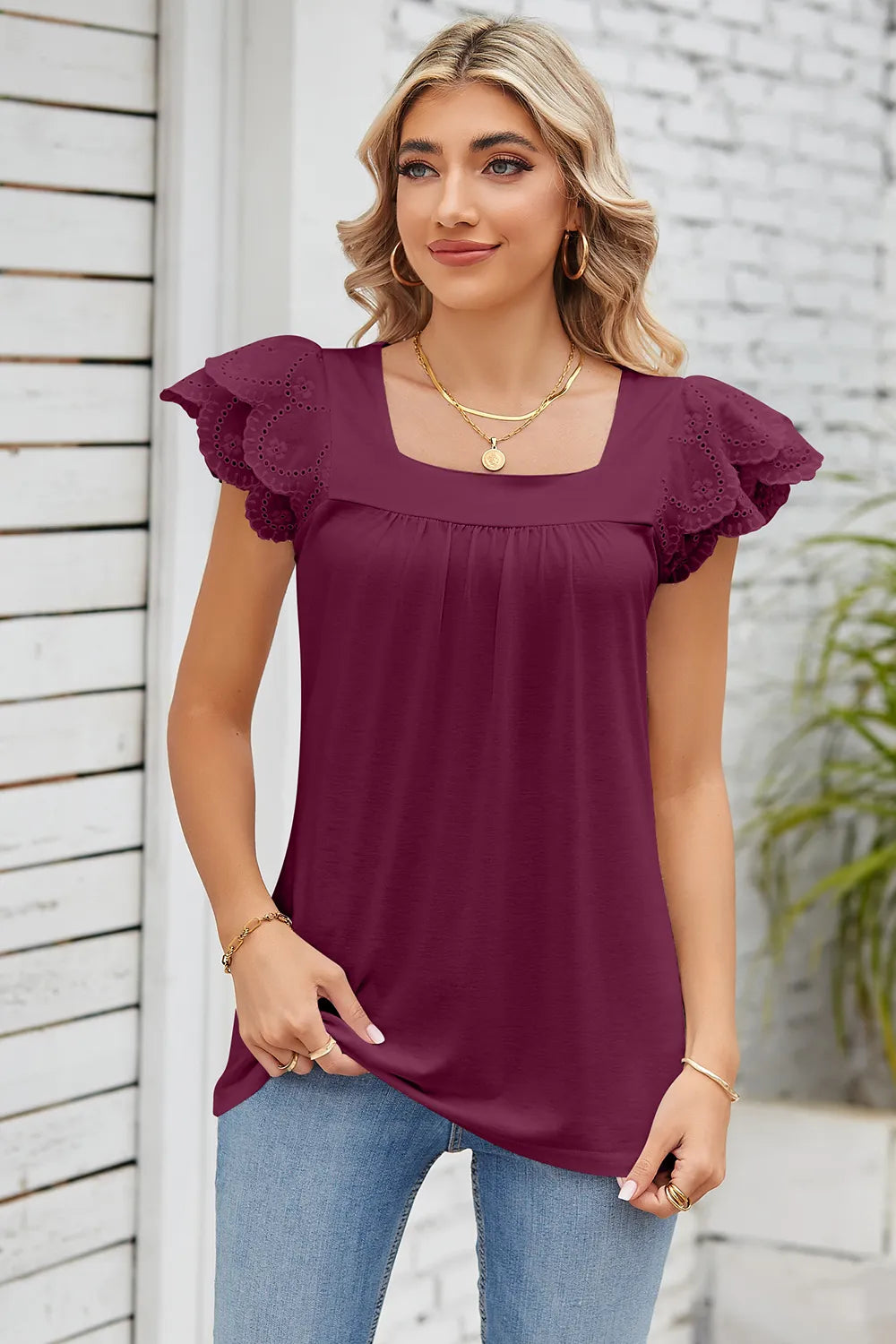 Solid color lace patchwork square collar petal short sleeved T-shirt top for women