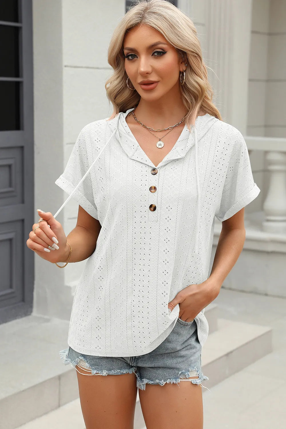 Solid color button hooded loose short sleeved T-shirt top for women