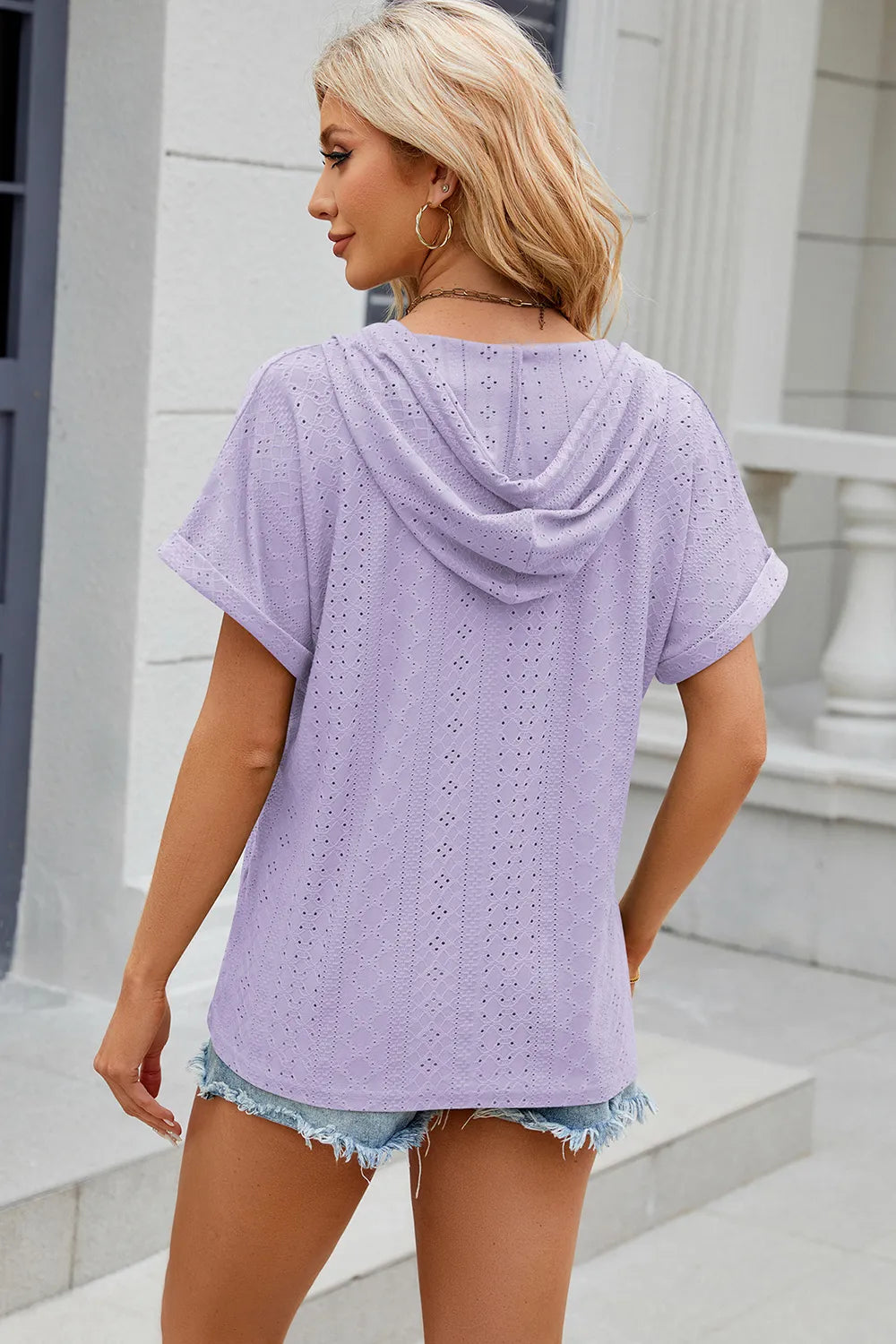 Solid color button hooded loose short sleeved T-shirt top for women