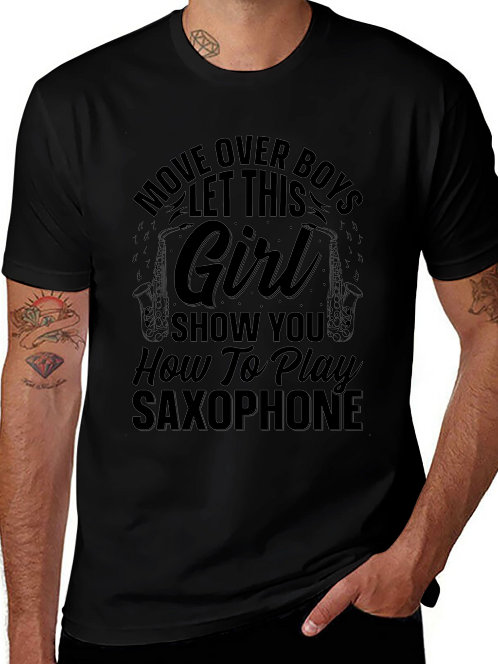 Saxophone Girl Black T-Shirt - Music Lover Gift