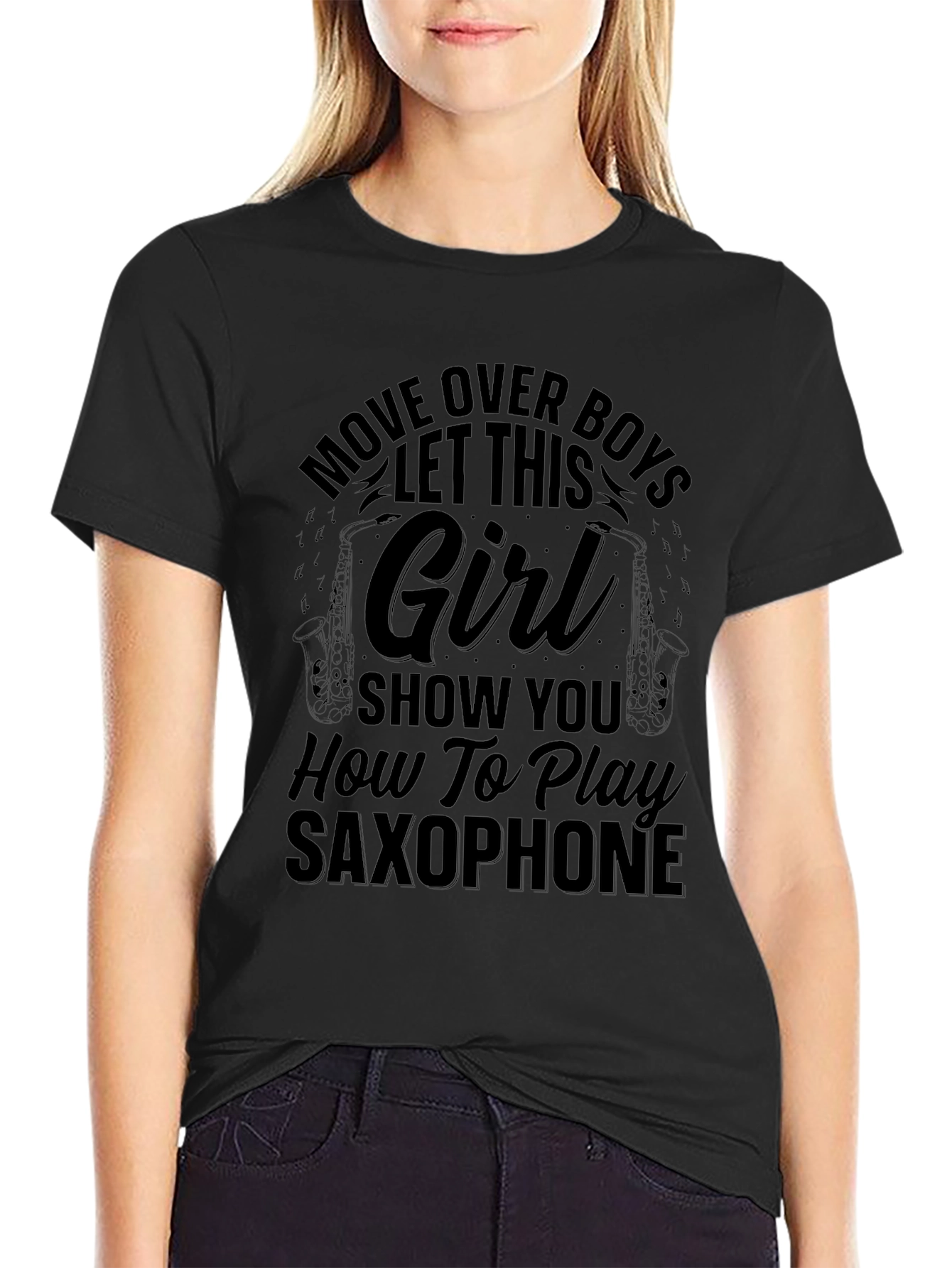 Saxophone Girl Black T-Shirt - Music Lover Gift