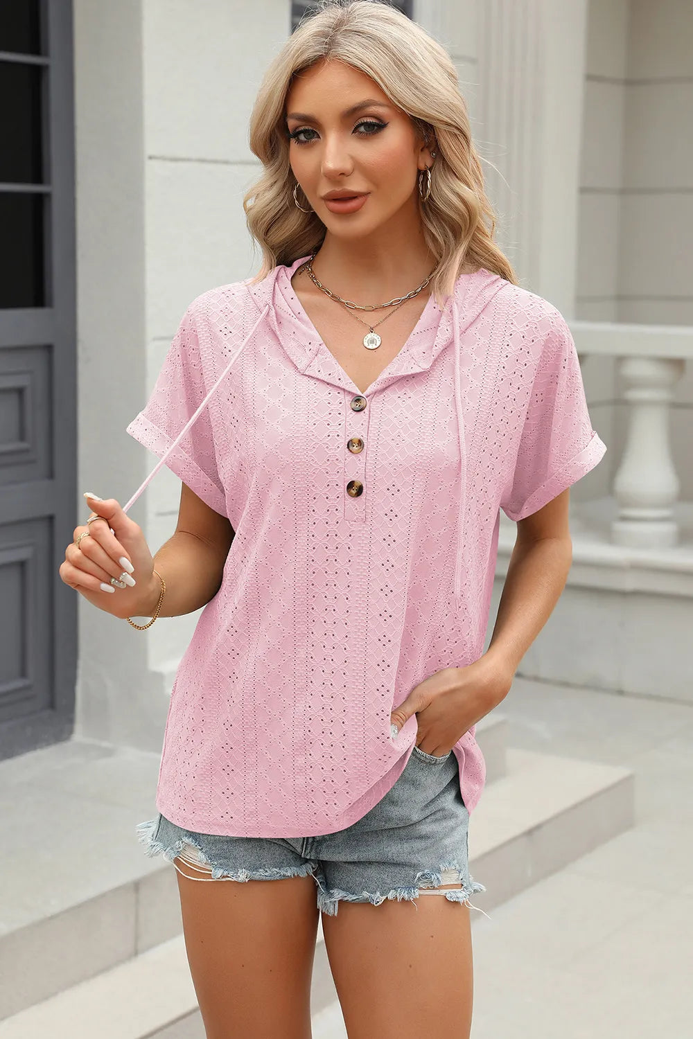Solid color button hooded loose short sleeved T-shirt top for women