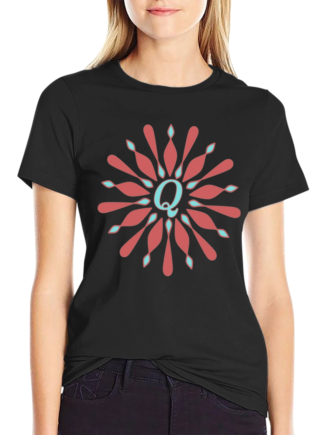 Letter Q Floral Medallion Graphic Tee - Black