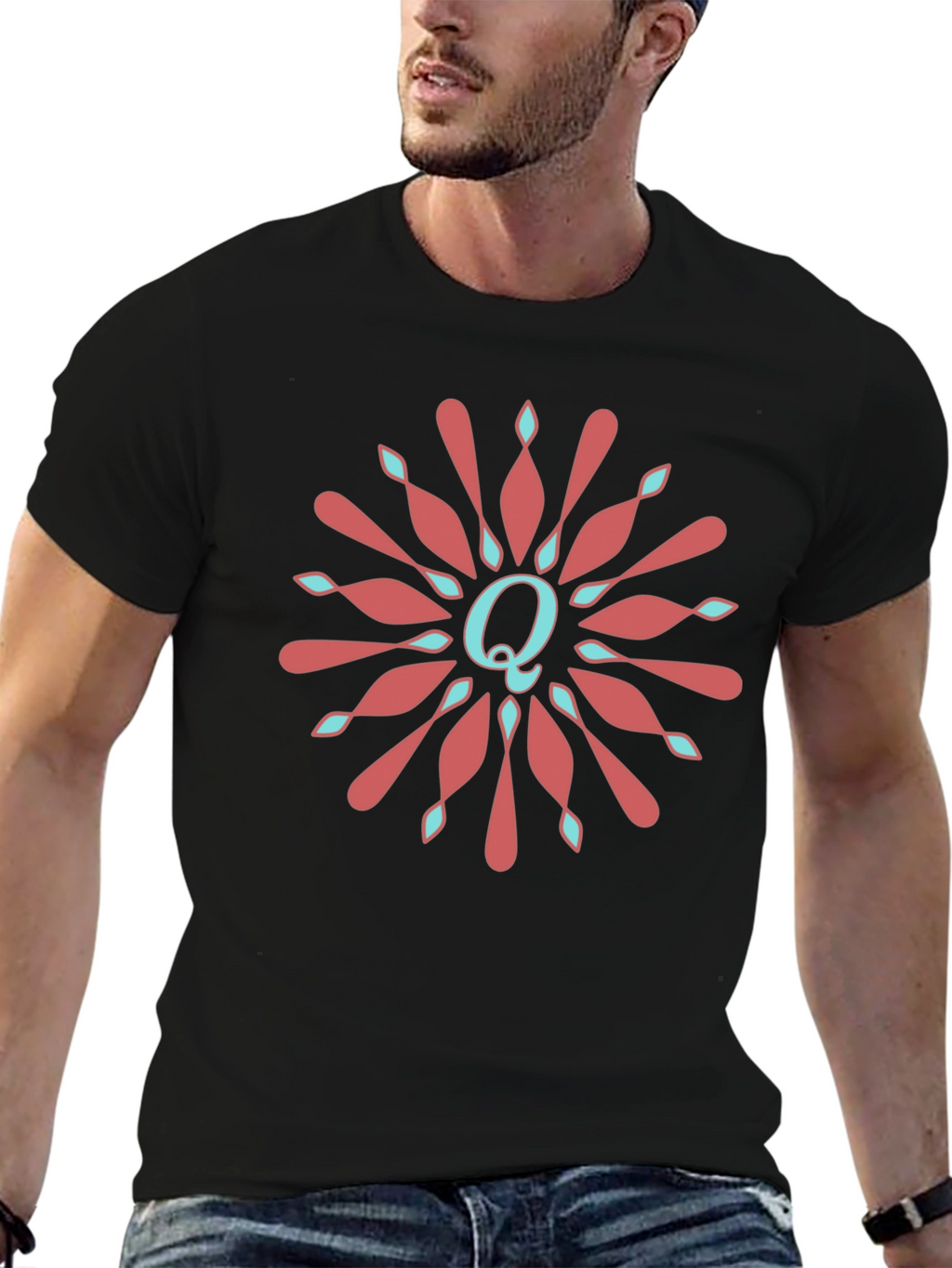 Letter Q Floral Medallion Graphic Tee - Black