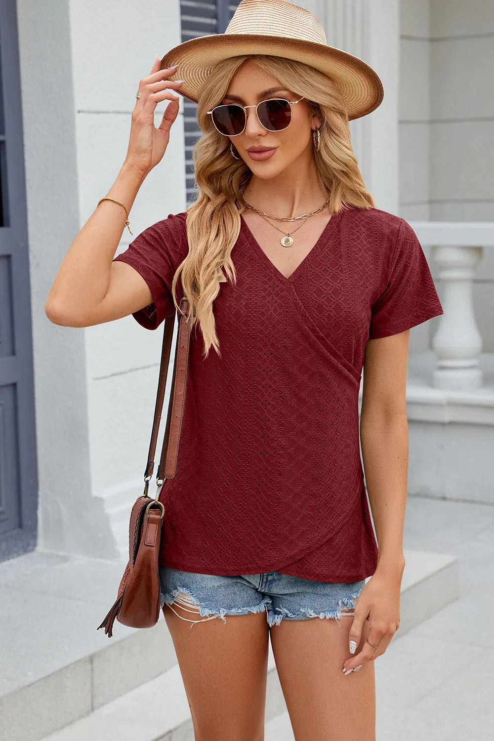 Solid color V-neck cross loose short sleeved T-shirt top for women
